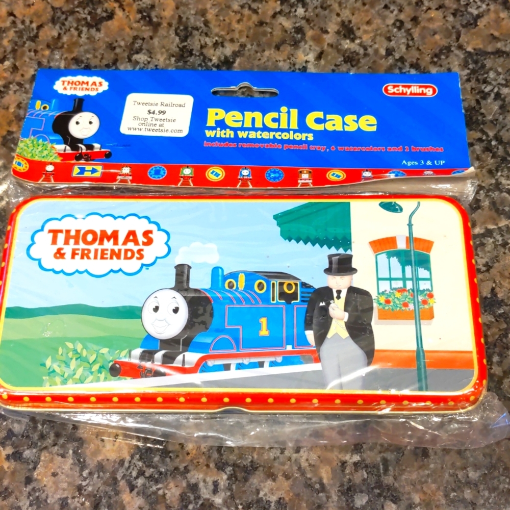NWT Thomas and Friends Tin  pencil case w/ watercolors, brushes vintage disc